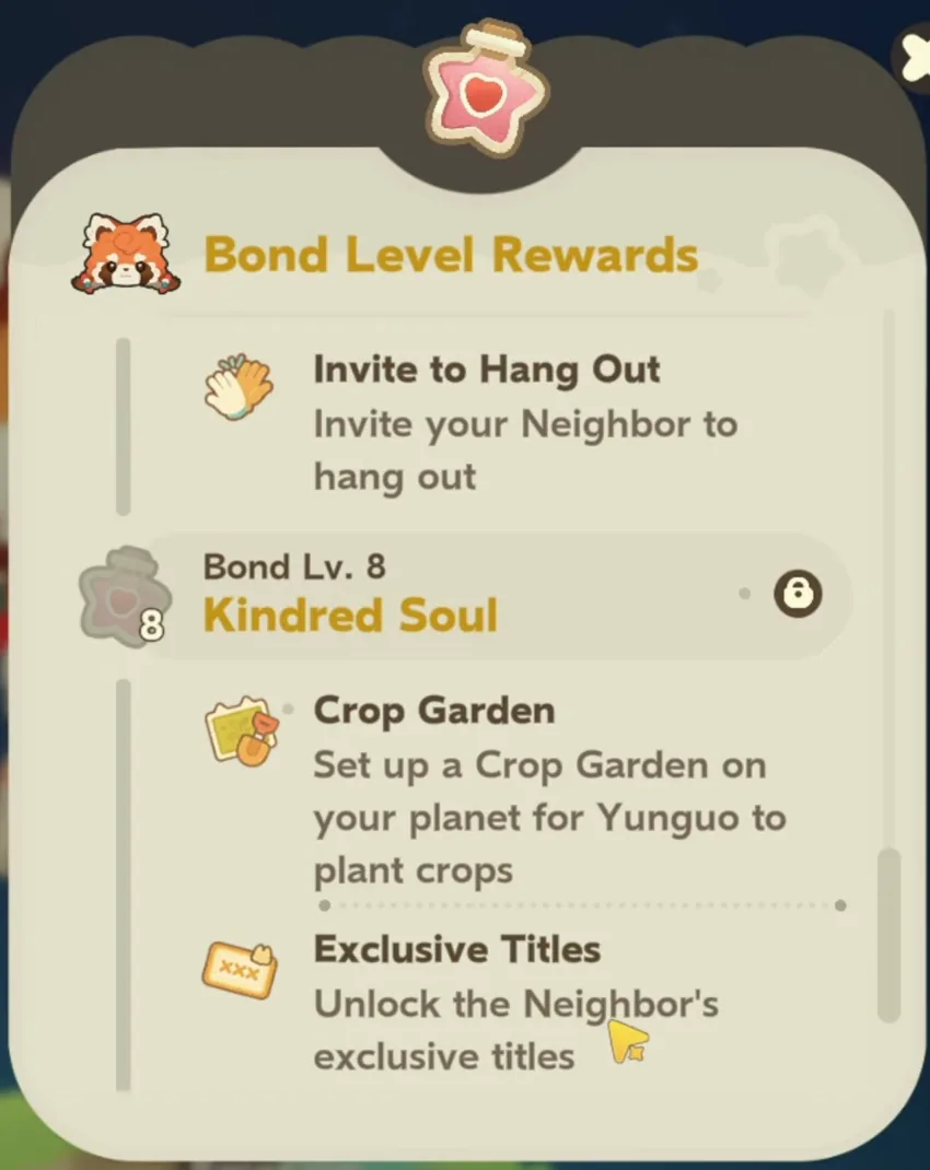 Petit Planet Bond Level Rewards for Yunguo, level 7 Invite to Hang Out and level 8 Kindred Soul with Crop Garden and Exclusive Titles