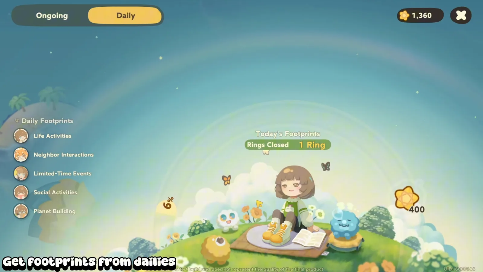Petit Planet Loomix Footprints Daily tab with five categories, Today’s Footprints one ring closed and a next reward of 400 Footprints
