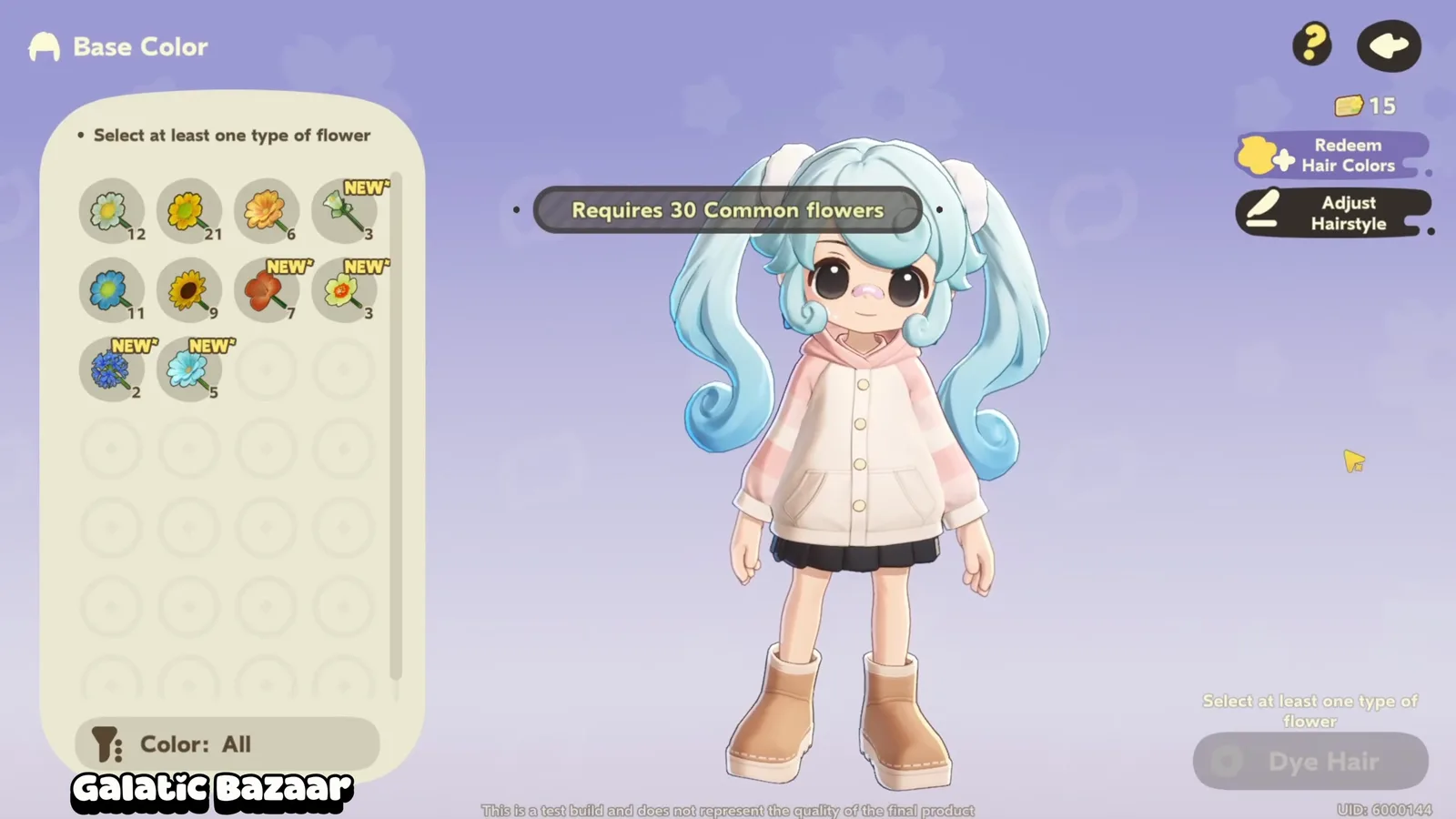 Petit Planet hair dye screen at the Galactic Bazaar asking for 30 Common flowers, with the flower stacks in the bag
