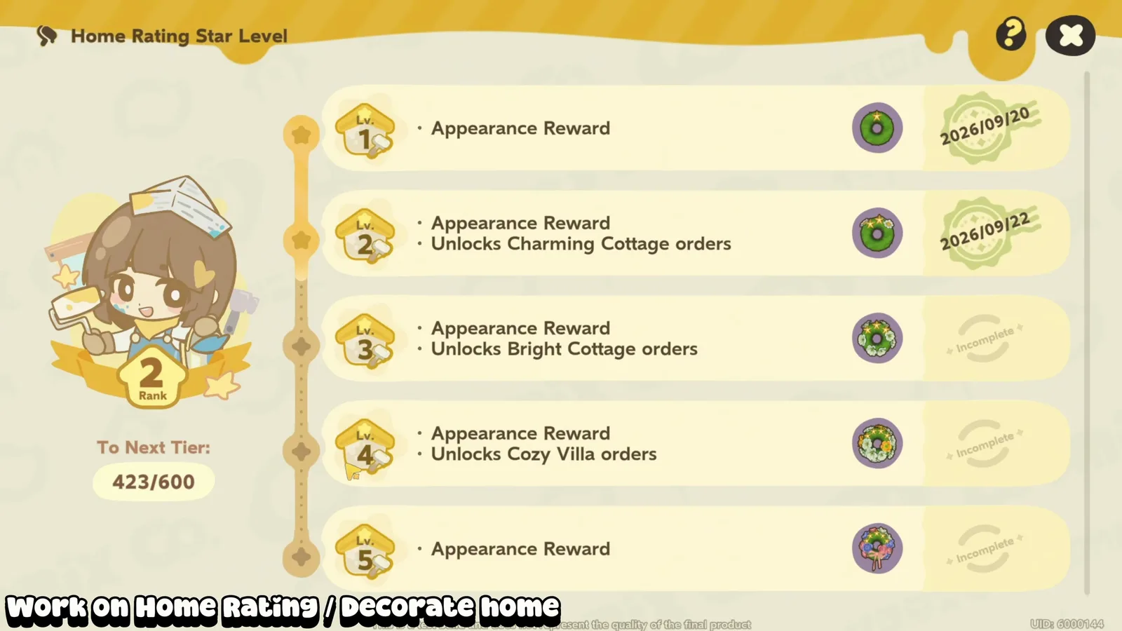 Petit Planet Home Rating Star Level at rank 2, 423 of 600 to the next tier, with cottage and villa orders unlocking at levels 2 to 4
