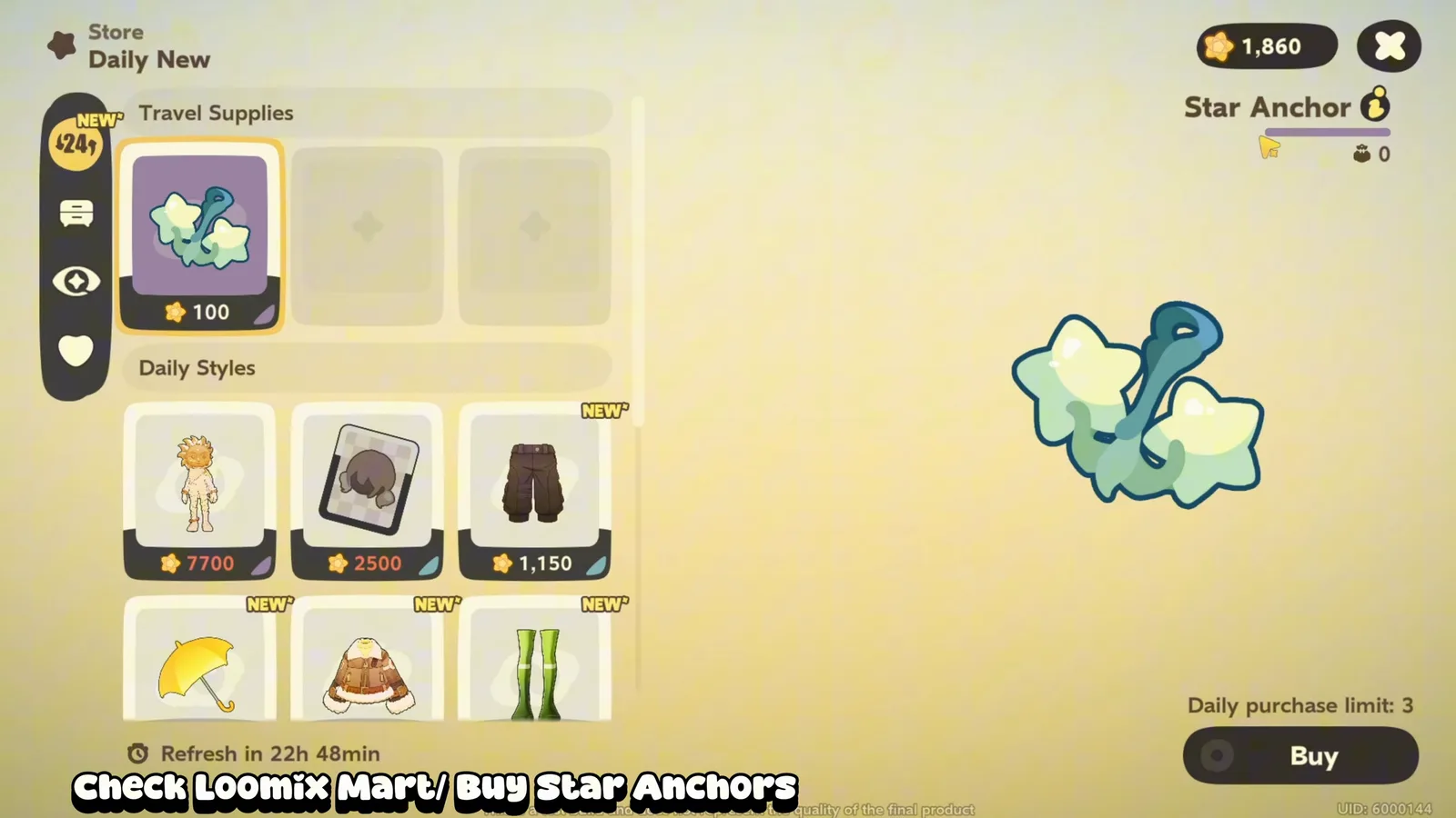 Petit Planet Loomix Mart Daily New tab with the Star Anchor at 100 Footprints, daily purchase limit 3, refresh in 22h 48min