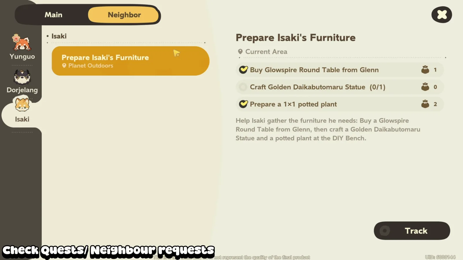 Petit Planet Memo Neighbor tab with Prepare Isaki’s Furniture: buy a Glowspire Round Table from Glenn, craft a Golden Daikabutomaru Statue