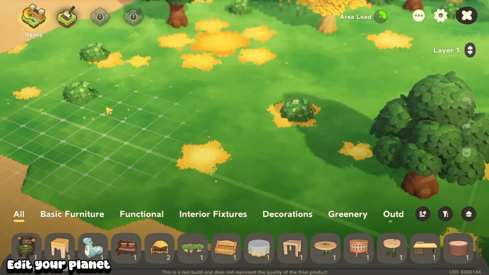 Petit Planet Planetmaker edit mode with the Items section open, Layer 1 grid and furniture categories, two sections still locked