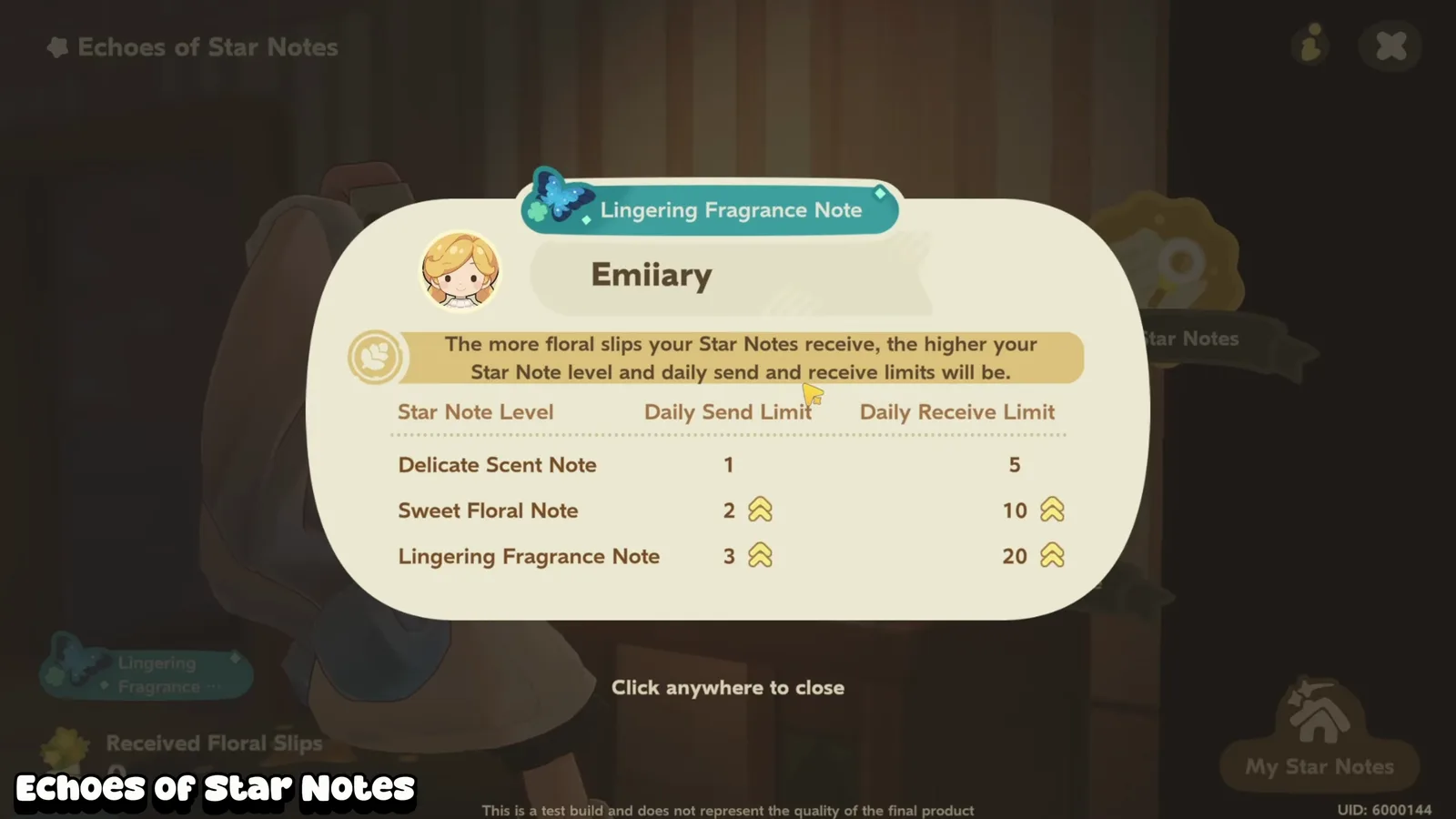 Petit Planet Echoes of Star Notes level table: Delicate Scent Note 1 send and 5 receive, Sweet Floral Note 2 and 10, Lingering Fragrance Note 3 and 20