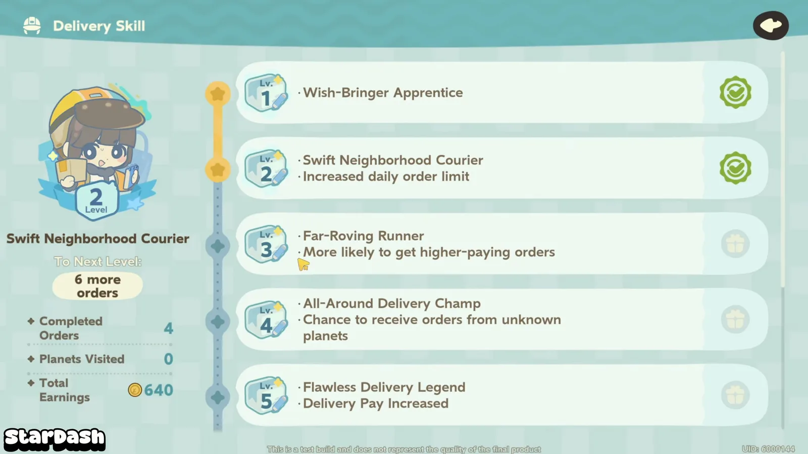 Petit Planet StarDash Delivery Skill at level 2, Swift Neighborhood Courier, with higher-paying orders at level 3 and orders from unknown planets at level 4