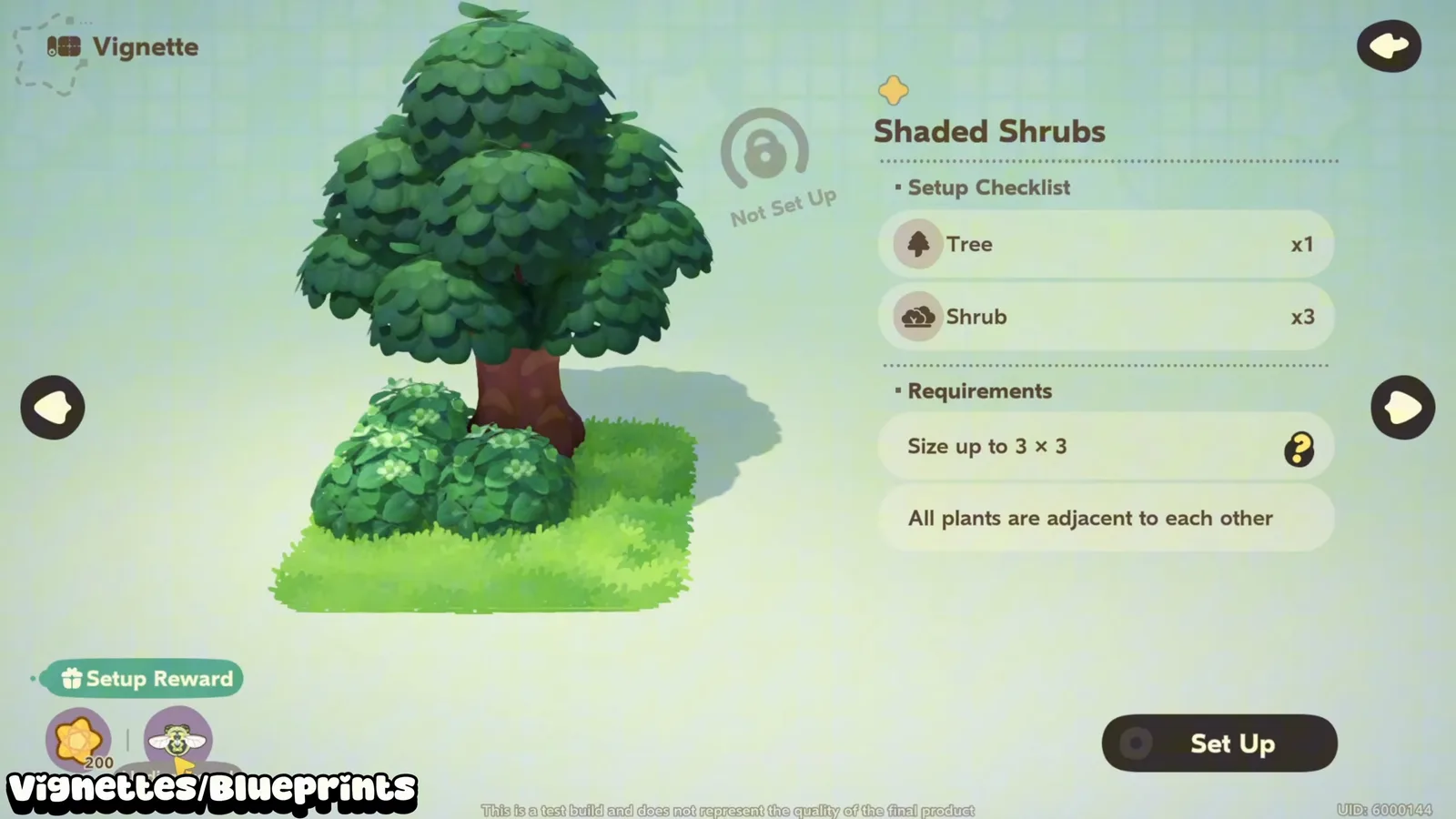 Petit Planet Vignette Shaded Shrubs: one tree and three shrubs within 3 by 3, rewarding 200 Footprints and a Green Tortoise Beetle