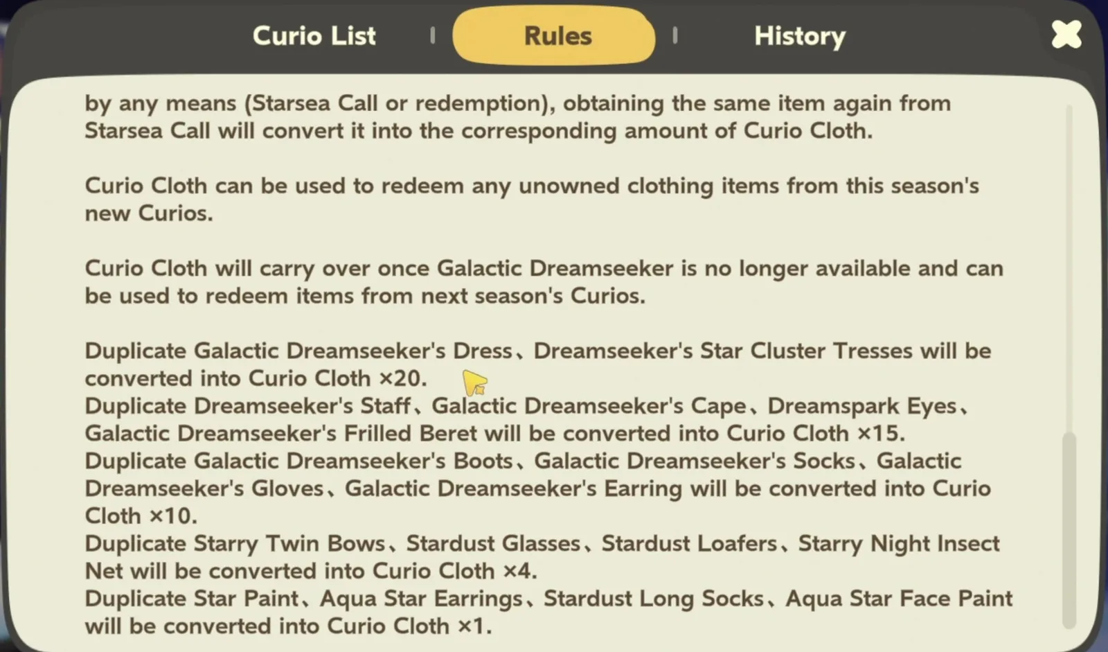 Petit Planet Galactic Dreamseeker duplicate rules converting a duplicate dress or hairstyle into Curio Cloth ×20 and the smallest items into ×1