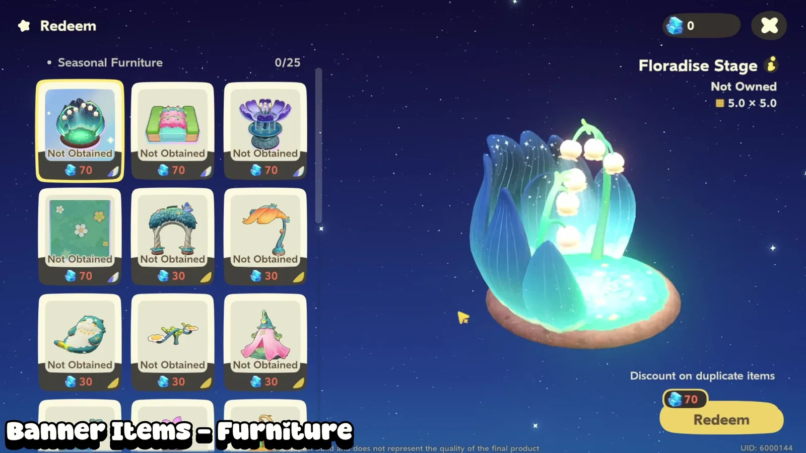 Petit Planet Floradise redemption screen, 0/25 Seasonal Furniture, Floradise Stage 5.0 × 5.0 for 70 Curio Blocks with a discount on duplicate items