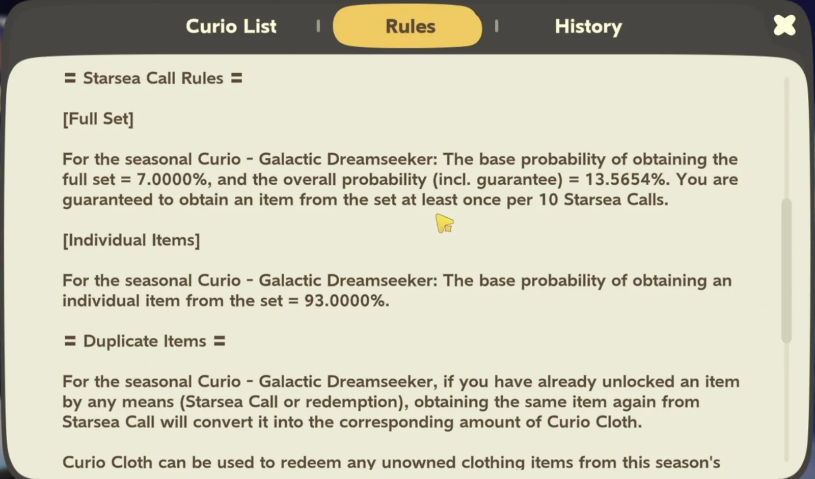 Petit Planet Galactic Dreamseeker Starsea Call rules: full set base probability 7.0000%, overall 13.5654%, one set item guaranteed per 10 Starsea Calls