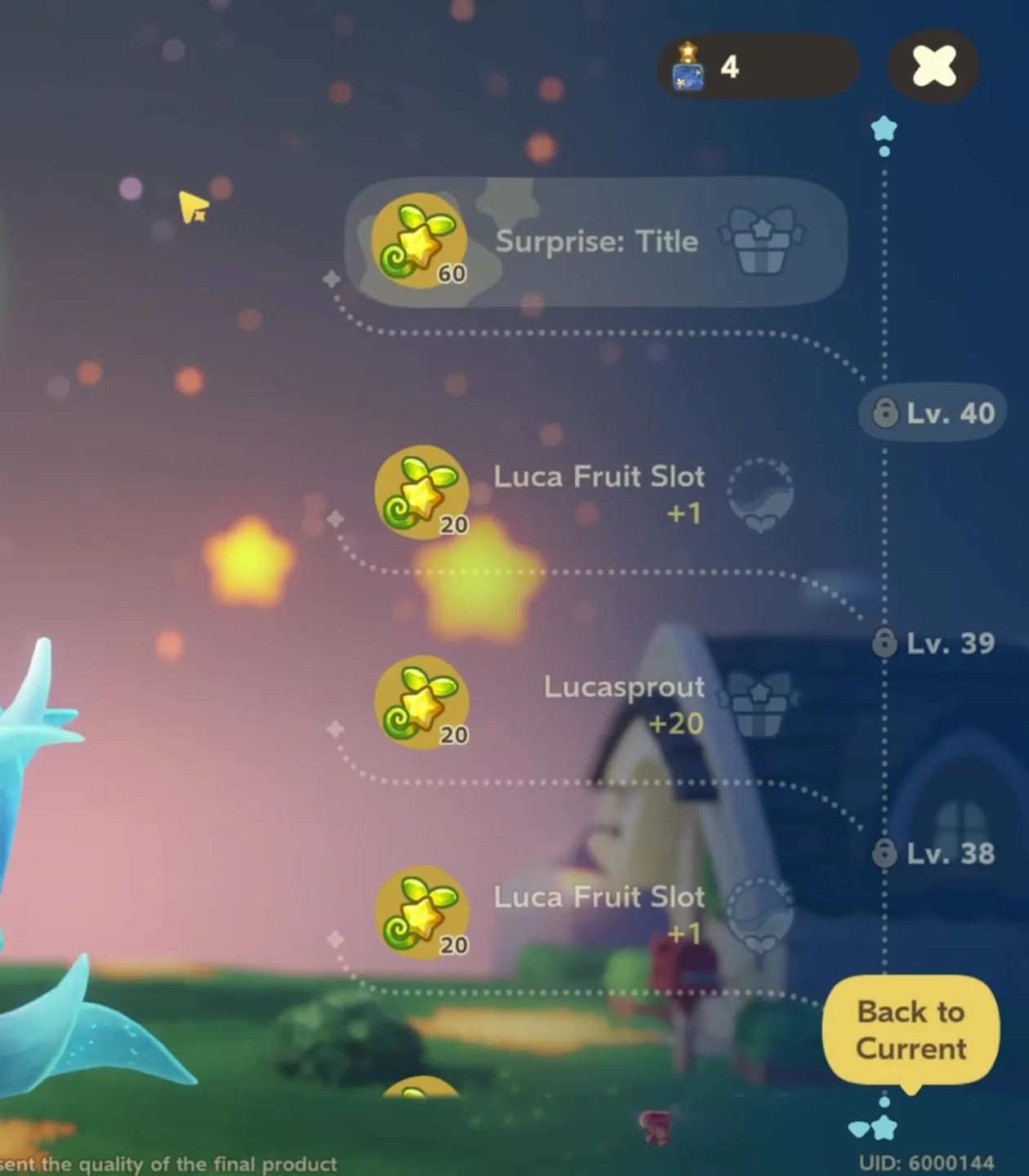 Petit Planet Luca Arbor growth track in the Final Beta, level 40 Surprise: Title paying 60 Lucasprouts, level 38 and 39 paying 20