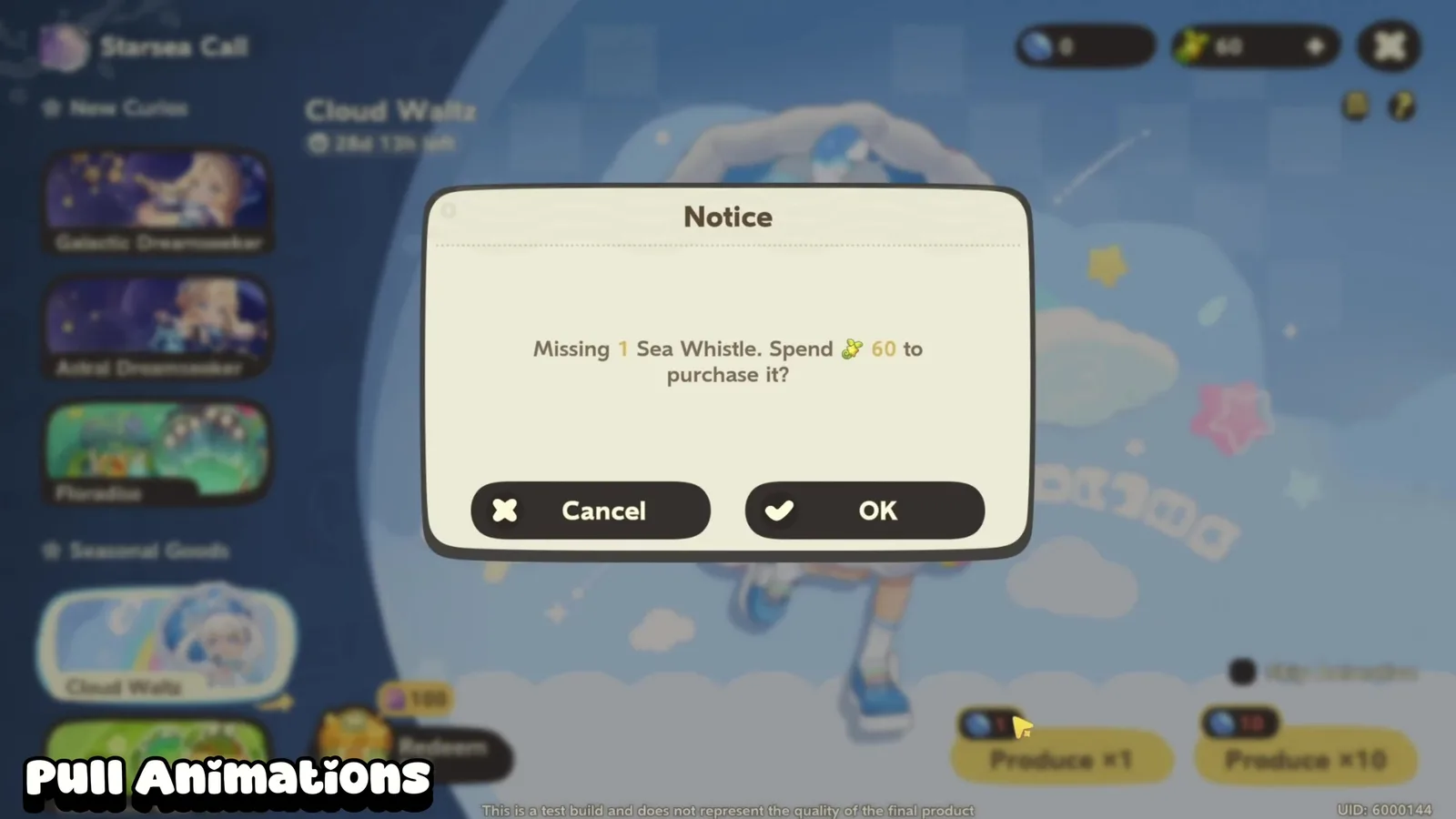 Petit Planet notice reading Missing 1 Sea Whistle, Spend 60 Lucasprouts to purchase it, over the Cloud Waltz Seasonal Goods banner