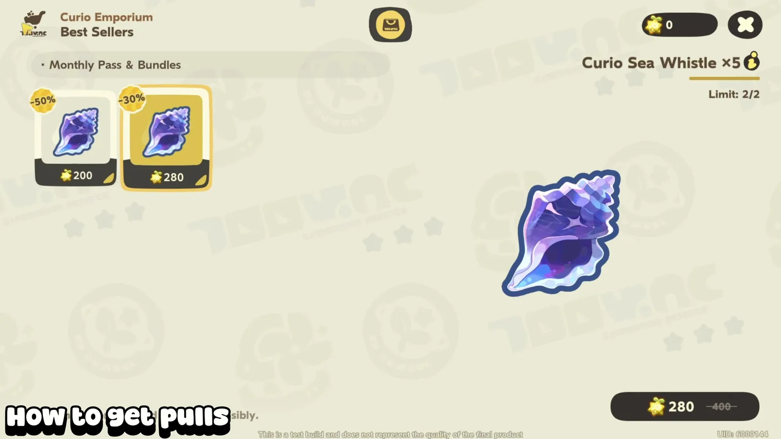 Petit Planet Curio Emporium Monthly Pass and Bundles tab selling Curio Sea Whistle ×5 for 280 Starberries, 400 struck through, limit 2