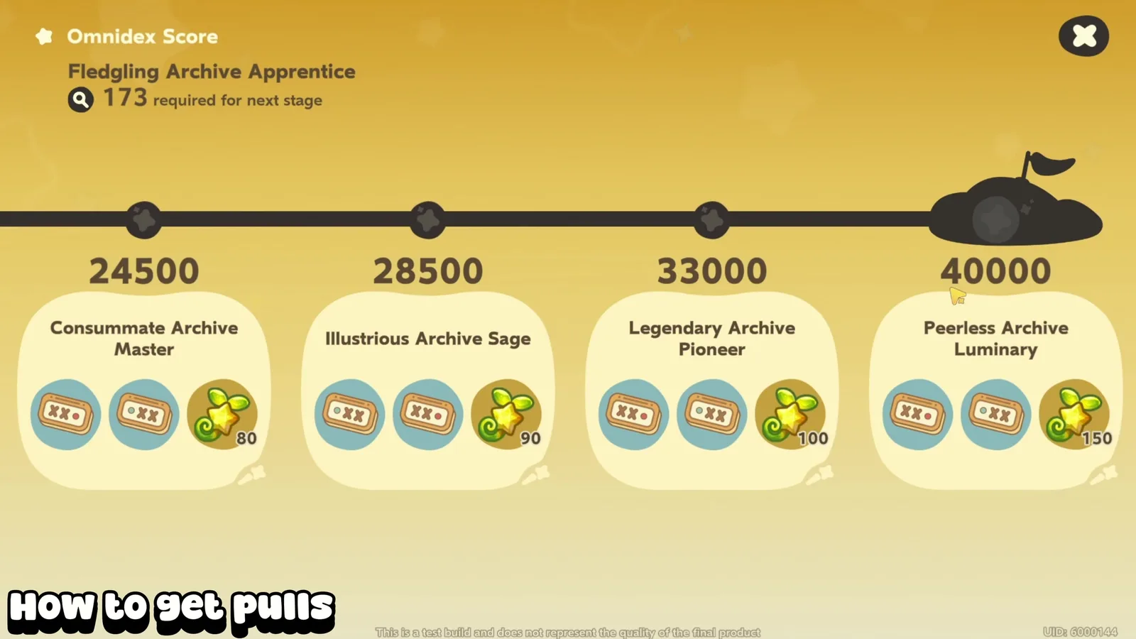 Petit Planet Omnidex Score ladder ending at 40000 points, Peerless Archive Luminary, for 150 Lucasprouts, with 80, 90 and 100 on the stages before