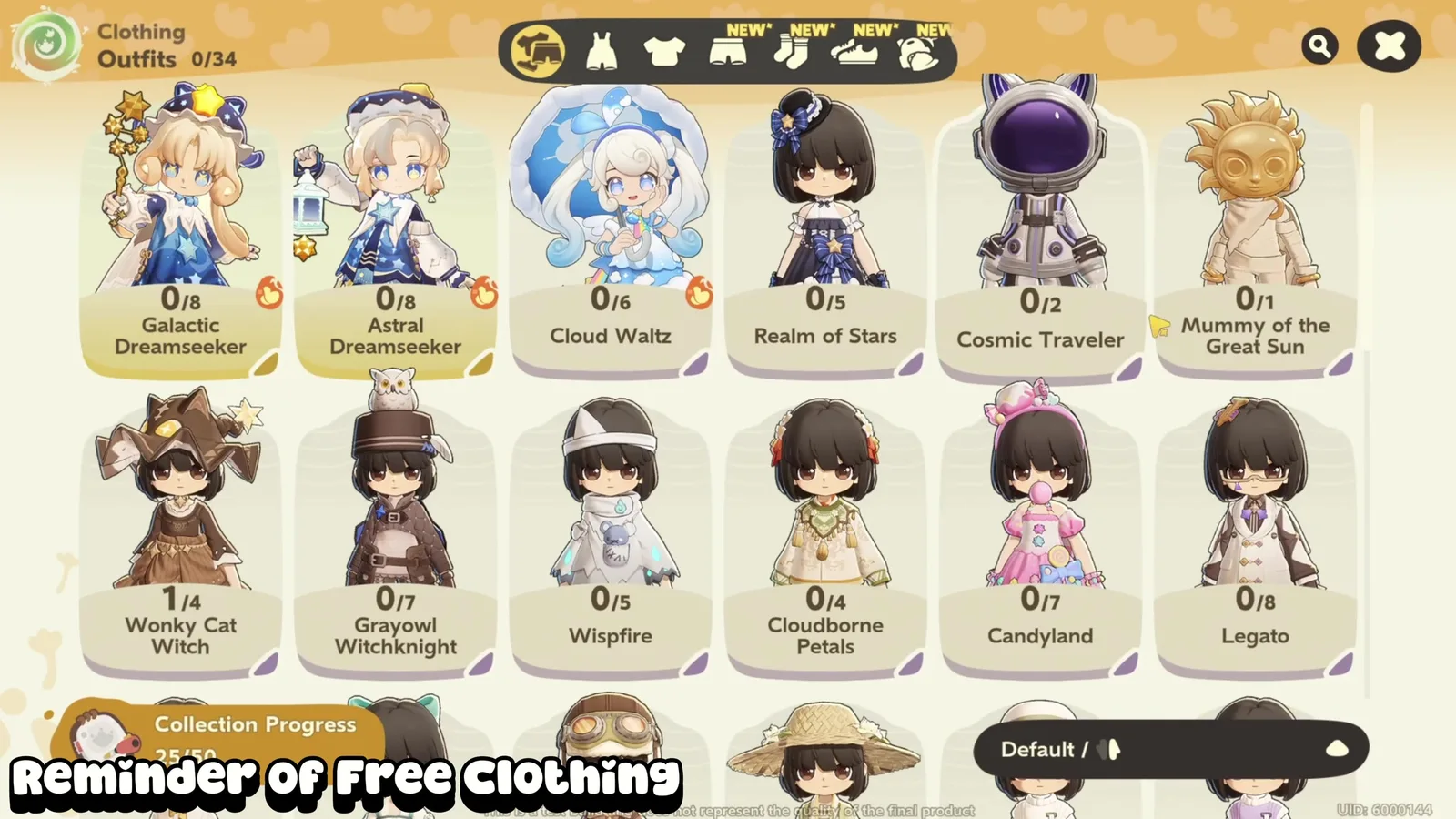 Petit Planet Omnidex clothing tab with 34 outfits, Galactic Dreamseeker, Astral Dreamseeker and Cloud Waltz seasonal, Candyland and Legato among the free sets