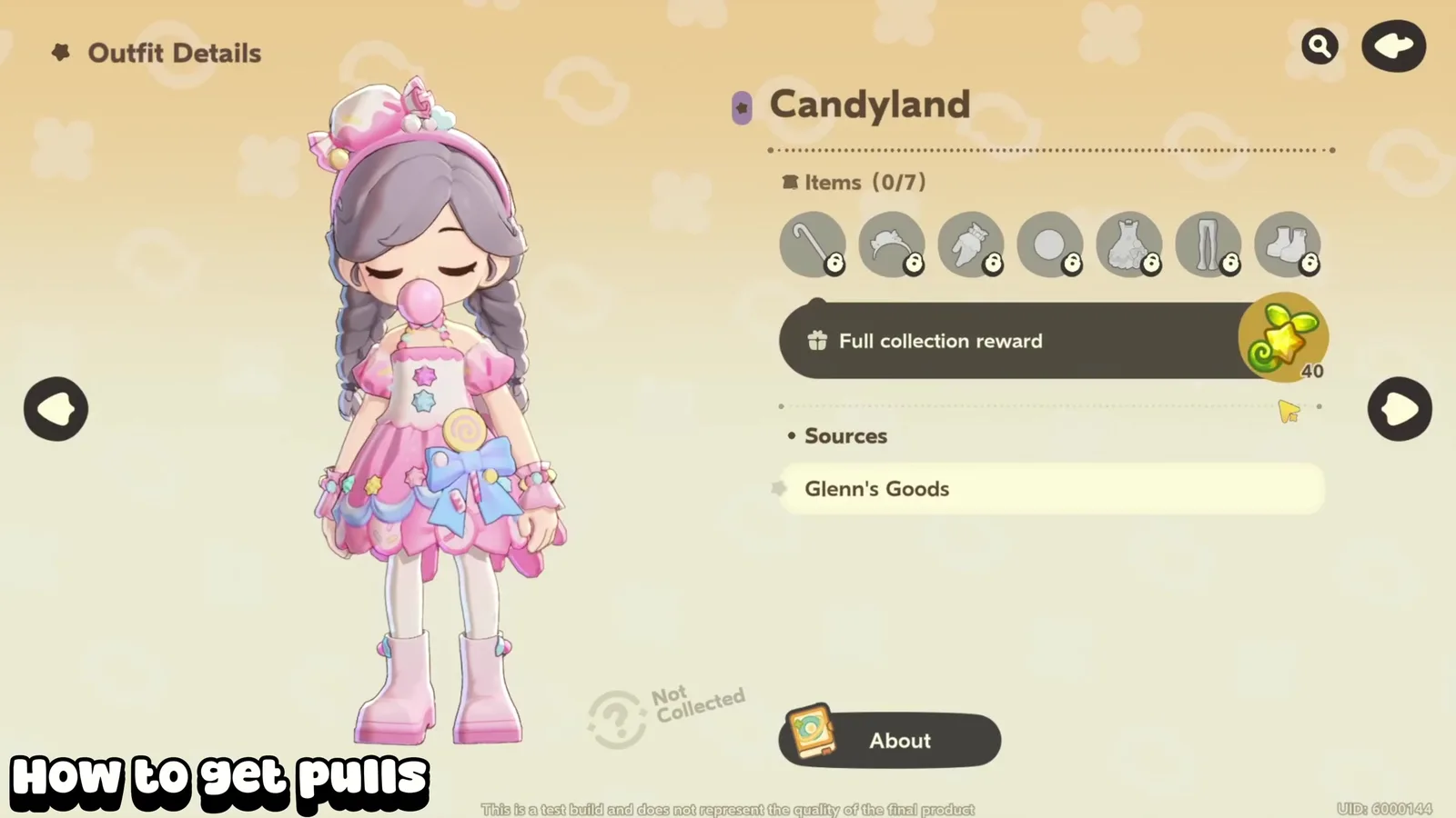 Petit Planet Outfit Details for the Candyland set, 0/7 items, full collection reward of 40 Lucasprouts, source Glenn’s Goods