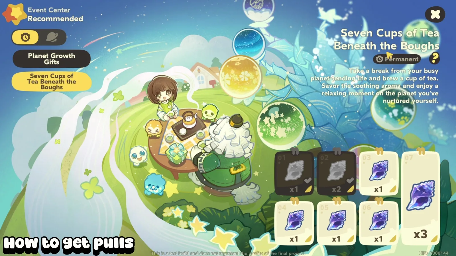 Petit Planet Seven Cups of Tea Beneath the Boughs login event, a permanent seven-day track paying 1, 2, 1, 1, 1, 1 and 3 Curio Sea Whistles