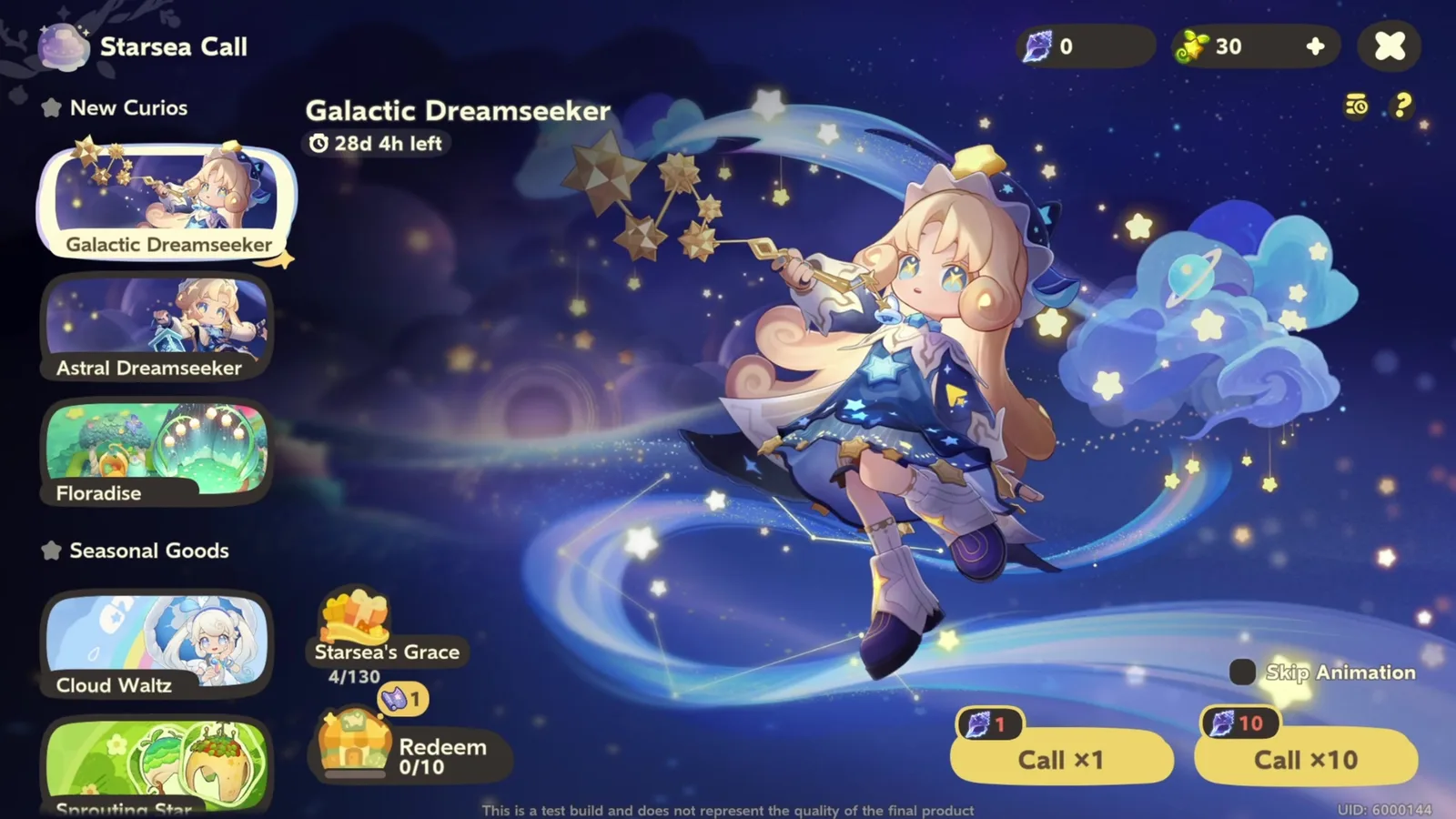 Petit Planet Starsea Call screen in the Final Beta with the Galactic Dreamseeker banner, 28d 4h left, Starsea’s Grace 4/130 and Call ×1 costing one Curio Sea Whistle