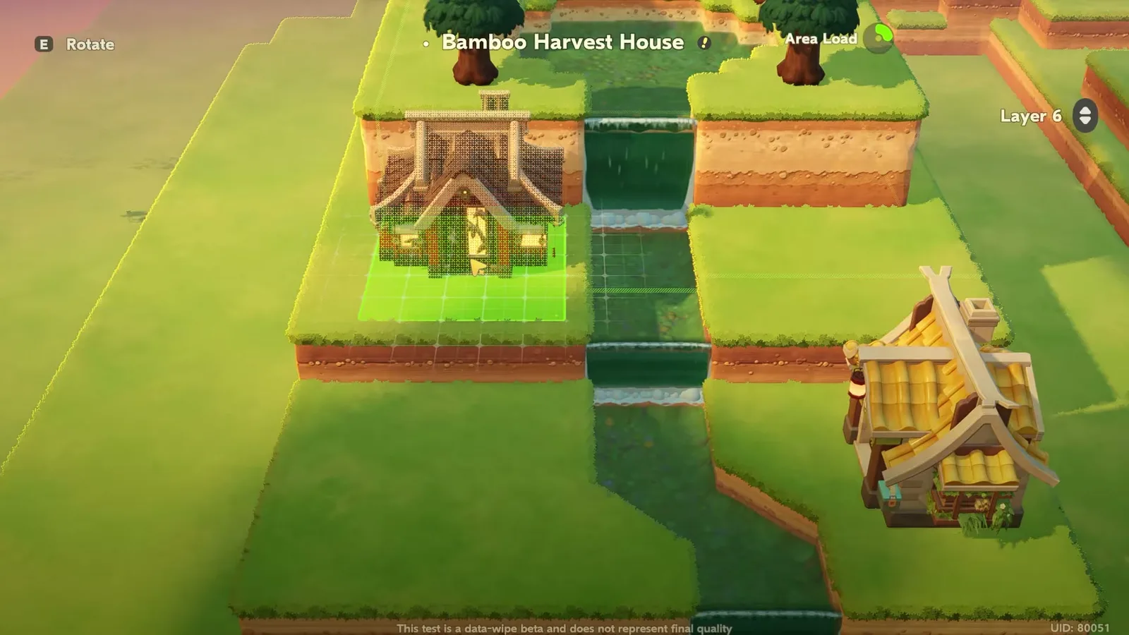 Petit Planet placing the Bamboo Harvest House on the upper left terrace, fir trees behind and waterfalls beside it