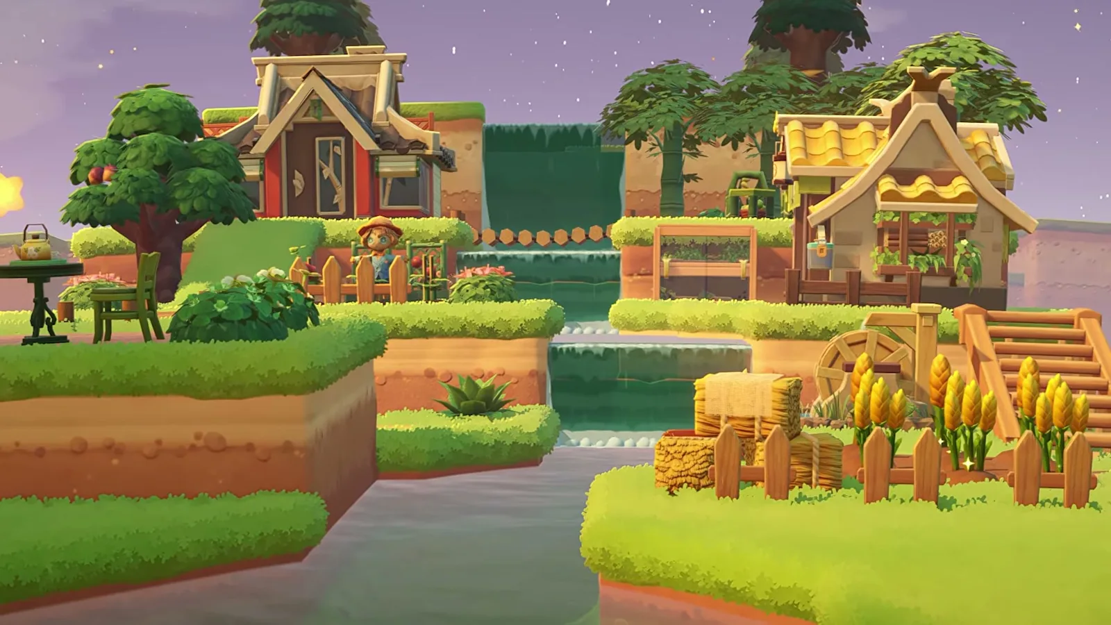 Petit Planet river village at night under a purple starry sky, both Neighbor houses with lit windows, waterwheel and wheat field