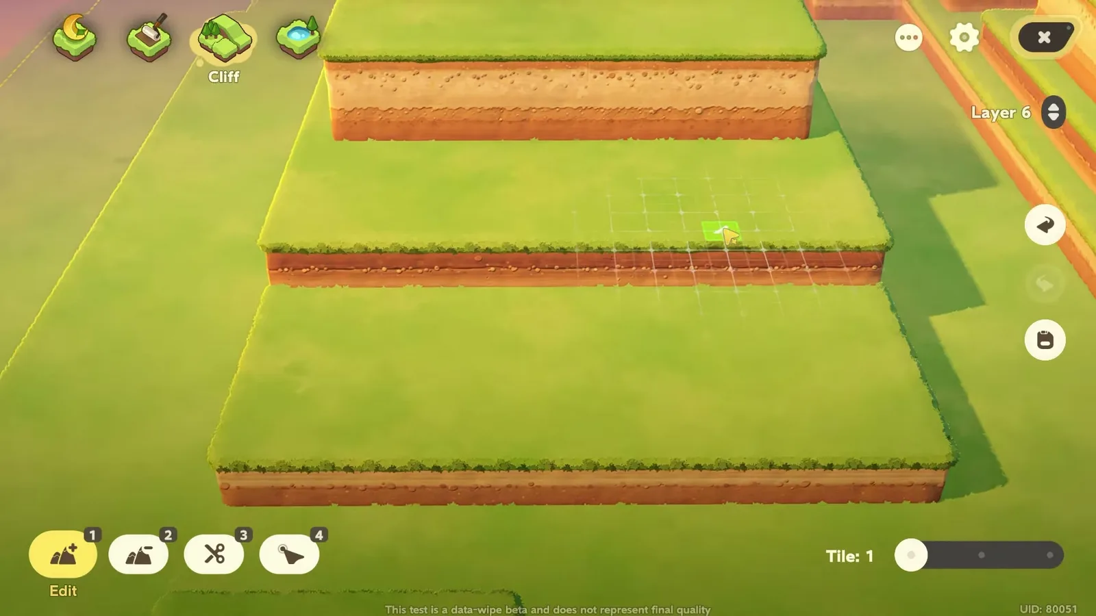 Petit Planet three grass terraces built with the Cliff tool for a river village, the top one with a taller earth face