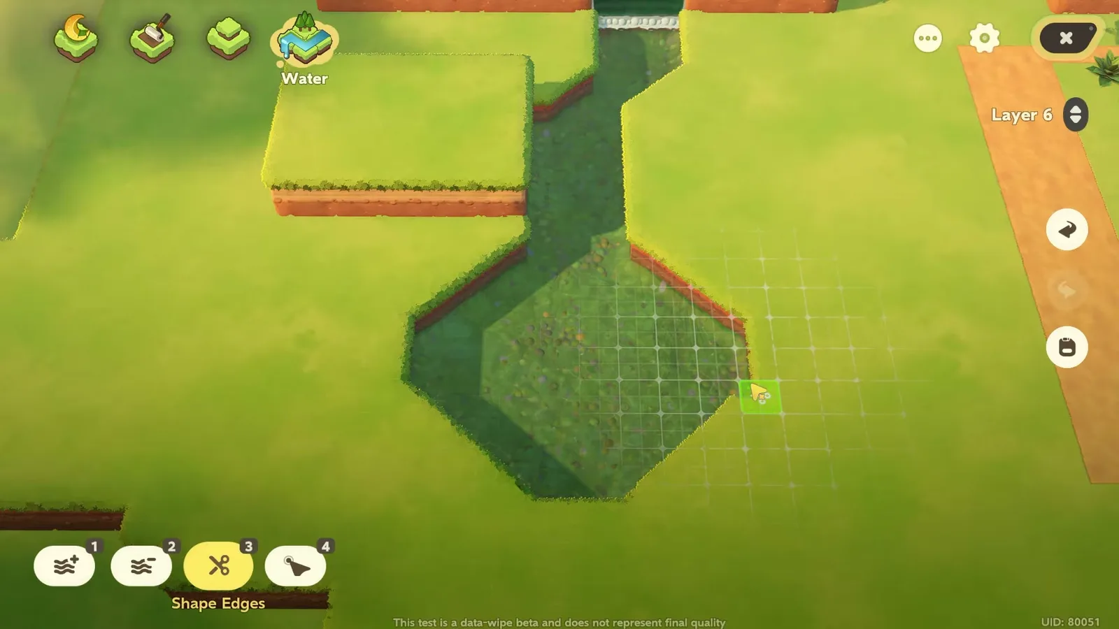 Petit Planet Water Shape Edges tool cutting diagonal banks into a diamond-shaped river pool on the lowest layer